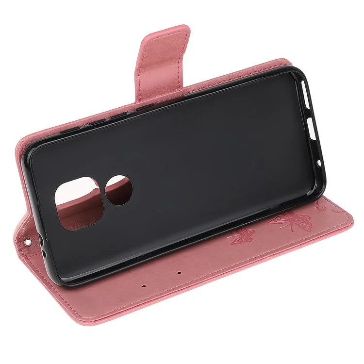 Étui portefeuille en cuir avec impression de papillon et de fleur pour Motorola Moto G9 Play / Motorola Moto E7 Plus - Or rose