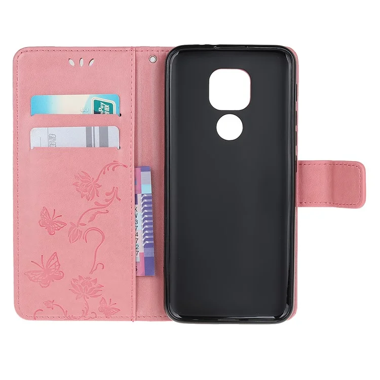 Étui portefeuille en cuir avec impression de papillon et de fleur pour Motorola Moto G9 Play / Motorola Moto E7 Plus - Or rose