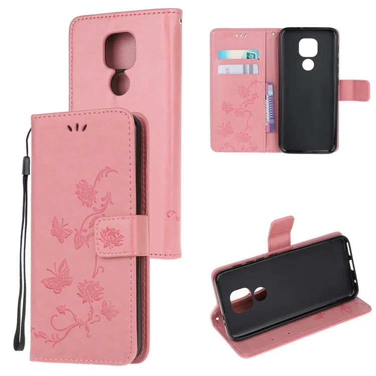 Étui portefeuille en cuir avec impression de papillon et de fleur pour Motorola Moto G9 Play / Motorola Moto E7 Plus - Or rose