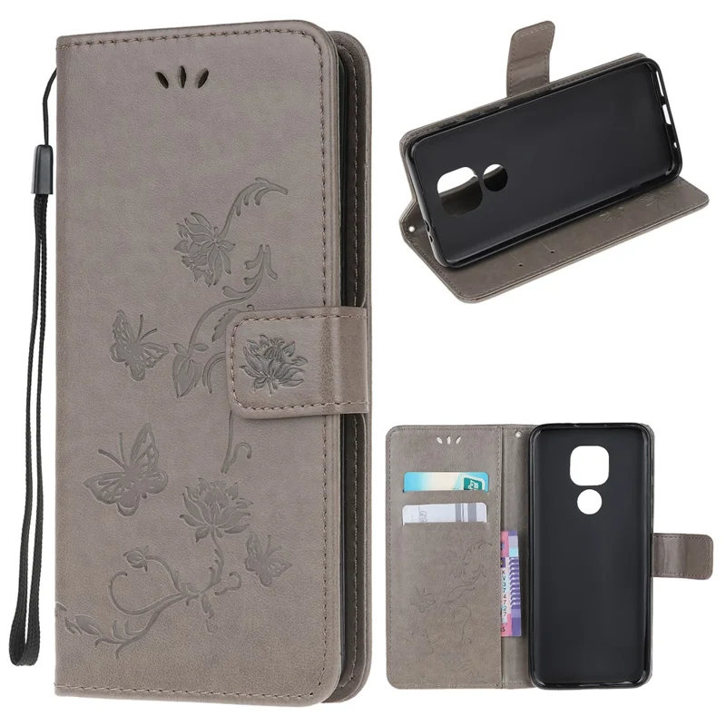 Imprint Butterfly Flower Wallet Leather Cell Phone Case for Motorola Moto G9 Play / Motorola Moto E7 Plus - Grey
