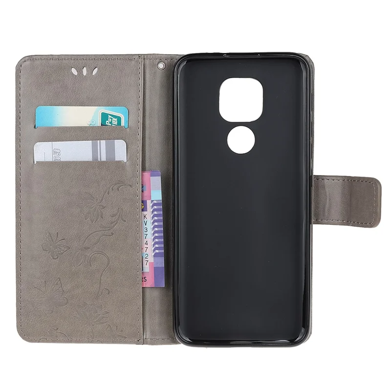 Imprint Butterfly Flower Wallet Leather Cell Phone Case for Motorola Moto G9 Play / Motorola Moto E7 Plus - Grey