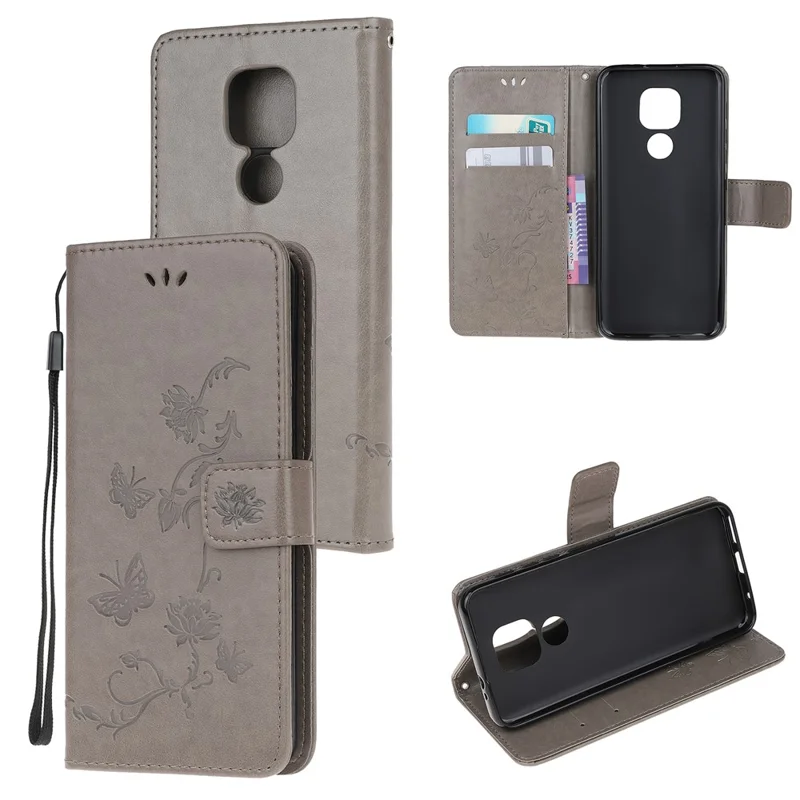Imprint Butterfly Flower Wallet Leather Cell Phone Case for Motorola Moto G9 Play / Motorola Moto E7 Plus - Grey