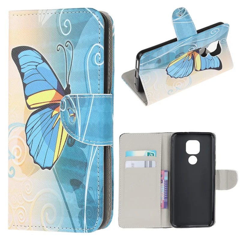 Pattern Printing Cross Texture Leather Wallet Case for Motorola Moto G9 Play / Moto E7 Plus - Blue Butterfly