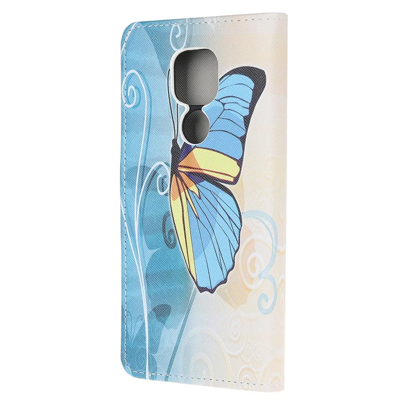 Pattern Printing Cross Texture Leather Wallet Case for Motorola Moto G9 Play / Moto E7 Plus - Blue Butterfly