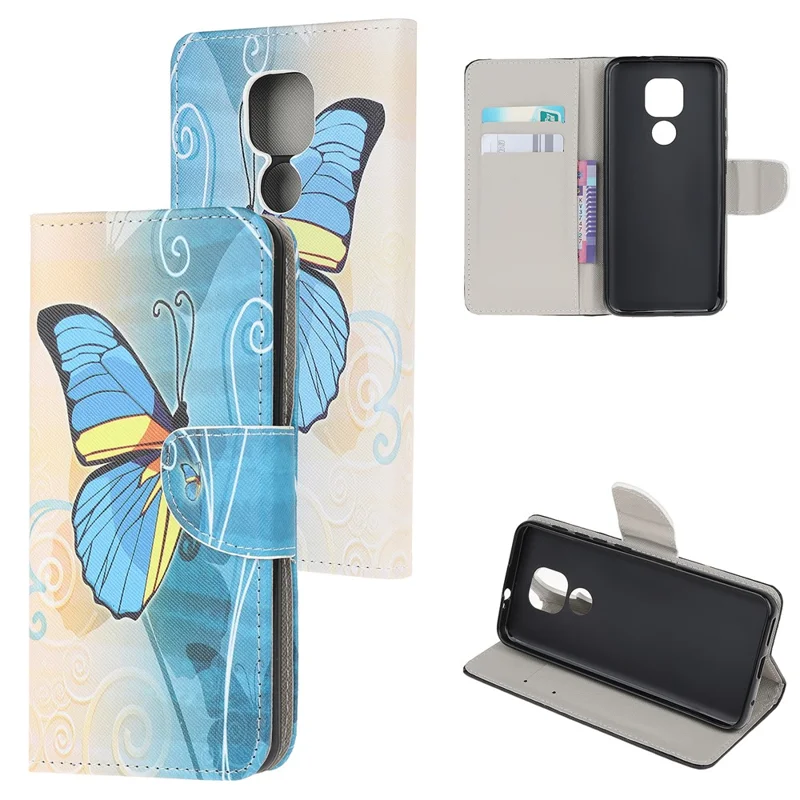 Pattern Printing Cross Texture Leather Wallet Case for Motorola Moto G9 Play / Moto E7 Plus - Blue Butterfly