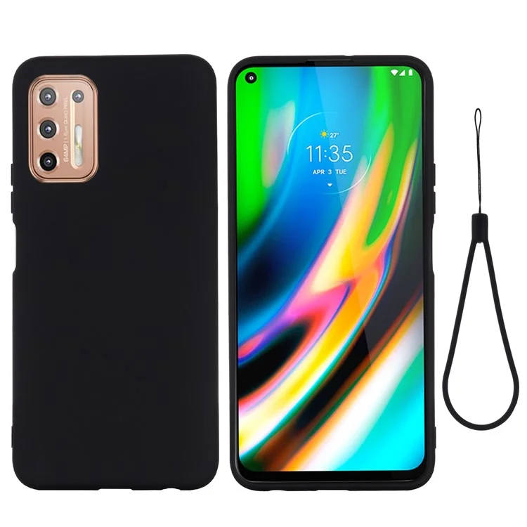 Liquid Silicone Soft Protection Case with Strap for Motorola Moto G9 Plus - Black