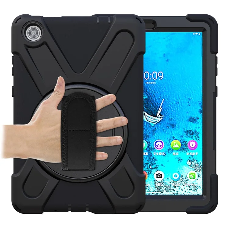 360° Swivel PC + Silicone Kickstand Tablet Case with Pen Slot Hand Band for Lenovo Tab M8 8" TB-8505F/8505X 2019 - Black