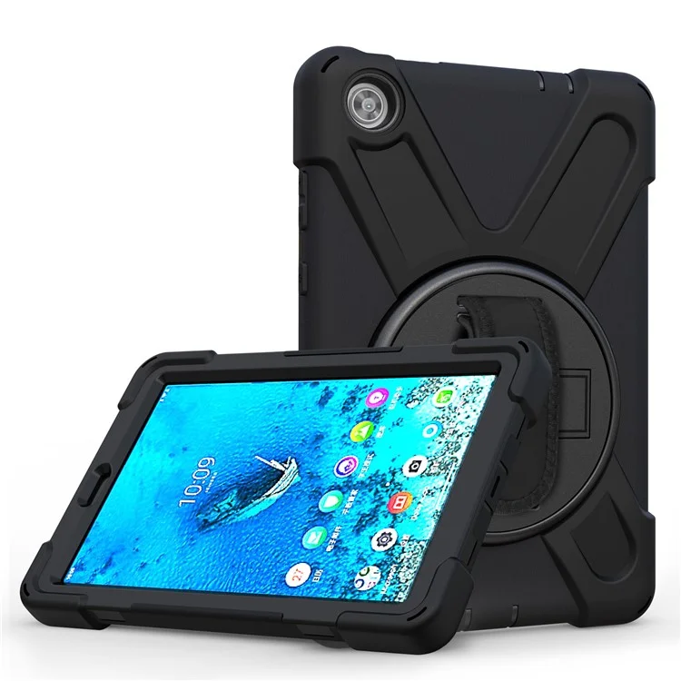 360 ° Giratorio PC + Funda De Tableta De Kickstero De Silicona Con Banda De Mano De Lápiz Para Lenovo TAB M8 8 "TB-8505F / 8505X 2019 - Negro