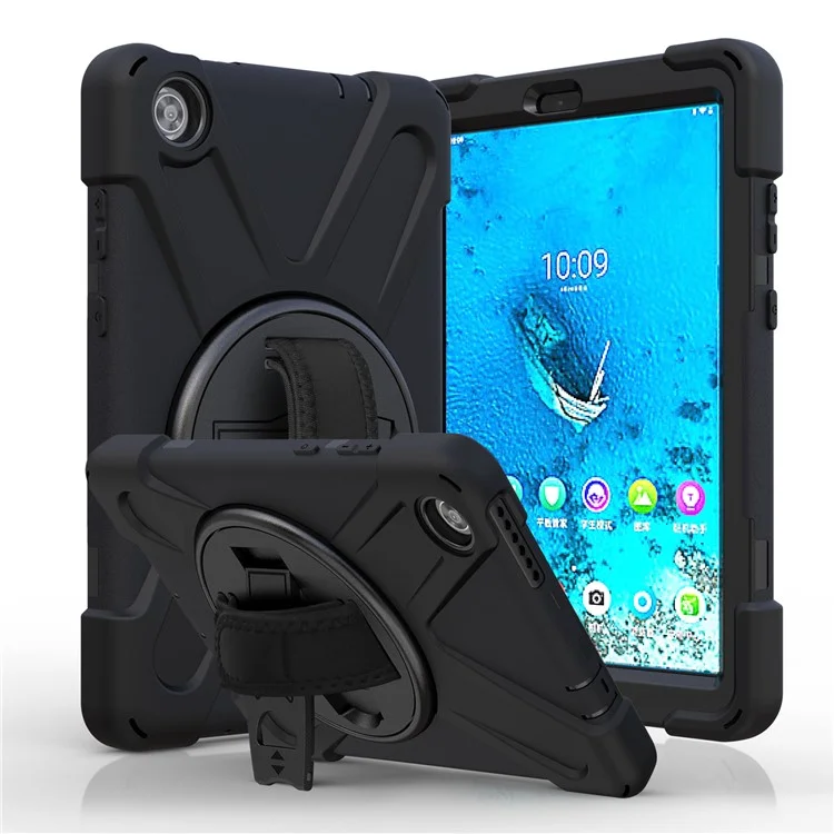 360 ° Giratorio PC + Funda De Tableta De Kickstero De Silicona Con Banda De Mano De Lápiz Para Lenovo TAB M8 8 "TB-8505F / 8505X 2019 - Negro