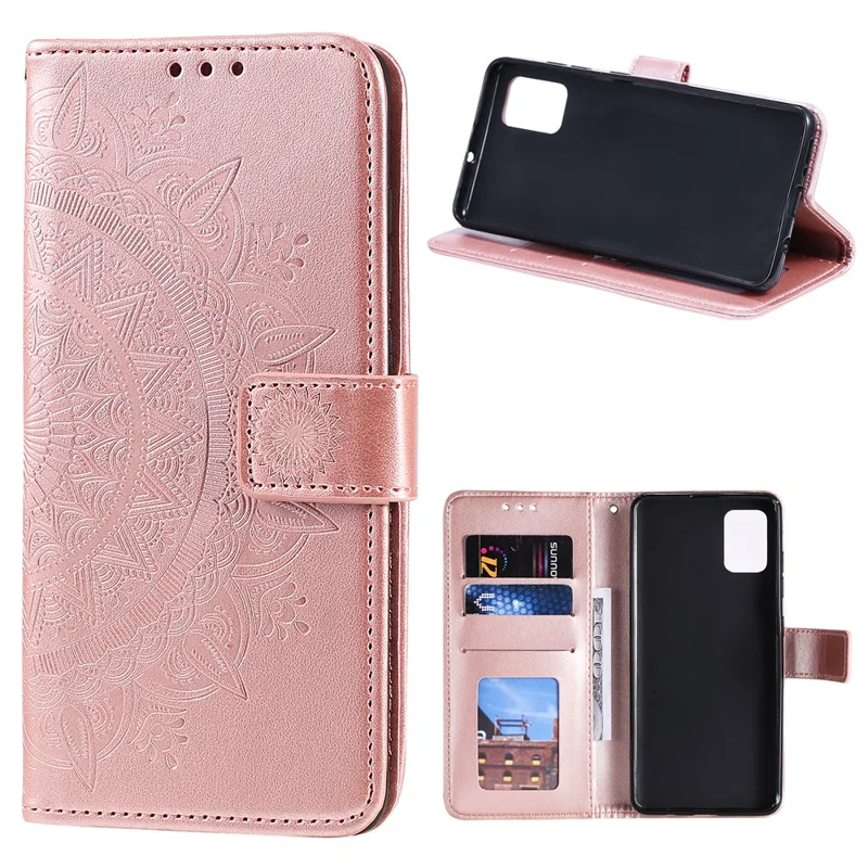 Imprint Flower Lederetui für Motorola Moto G9 Plus Wallet Stand Cover - Rose Gold