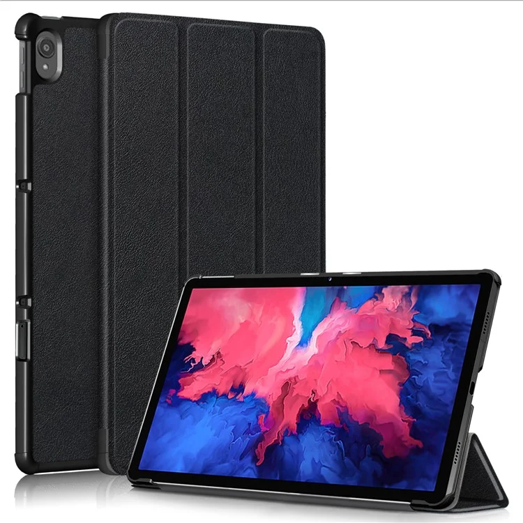 Narrow Bezel Tri-fold Auto-Sleep-and-Wake Smart Leather Stand Case with Anti-Shock Bumper for Lenovo Tab P11 TB-J606F / Tab P11 5G - Black