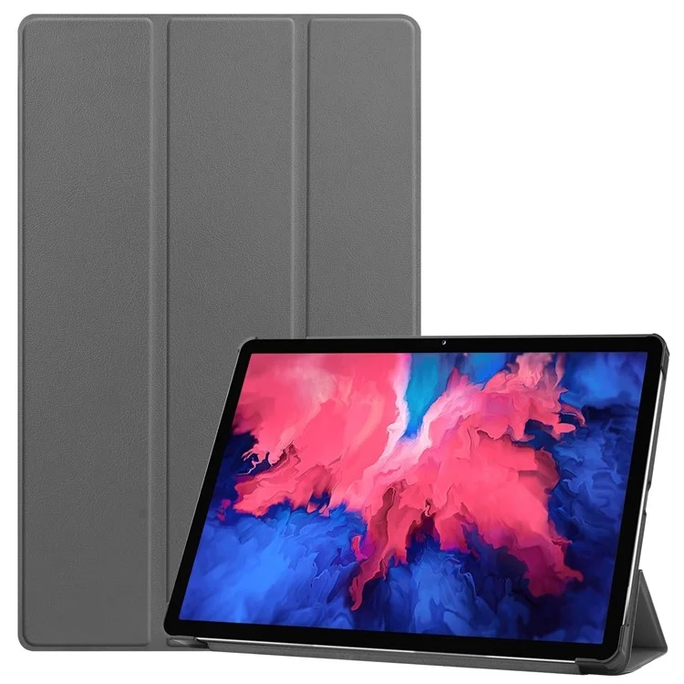 Estuche de soporte de cuero plegable triple para Lenovo Tab P11 TB-J606F - Gris