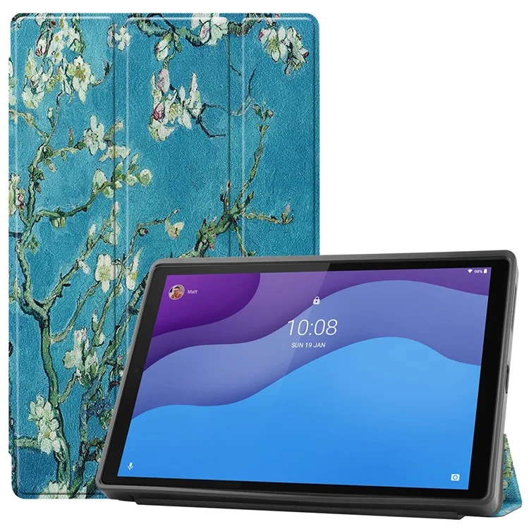 Tri-fold Stand + Pen Slot + Pattern Printing Leather Case for Lenovo Tab M10 HD Gen 2 TB-X306F / TB-X306X - Peach Blossom