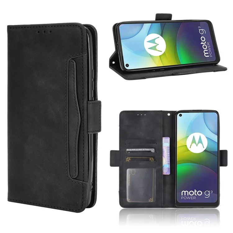 Multiple Card Slots Wallet Case Stand Leather Cover for Motorola Moto G9 Power - Black