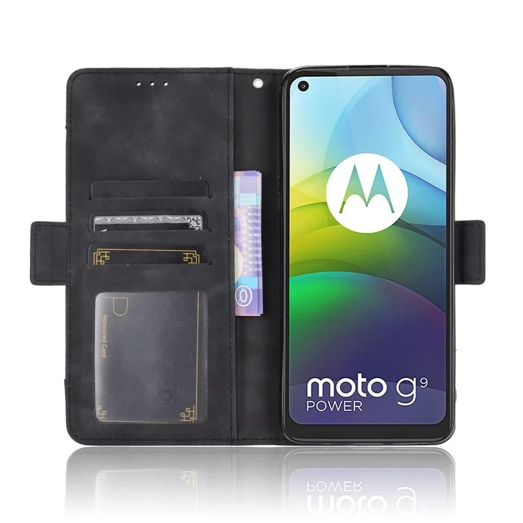 Multiple Card Slots Wallet Case Stand Leather Cover for Motorola Moto G9 Power - Black