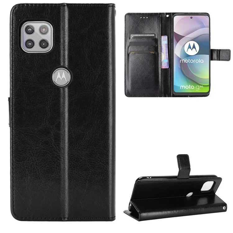 Crazy Horse Wallet Stand Lederschale Mit Riemen Für Motorola Moto G 5g - Schwarz