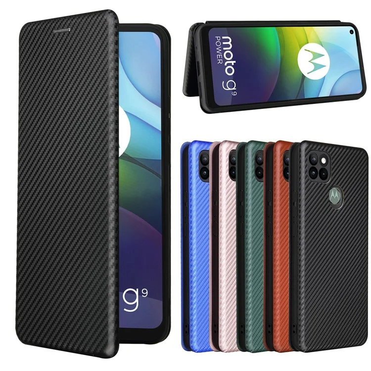 Auto-absorbed Carbon Fiber Leather Case with Card Holder for Motorola Moto G9 Power - Black