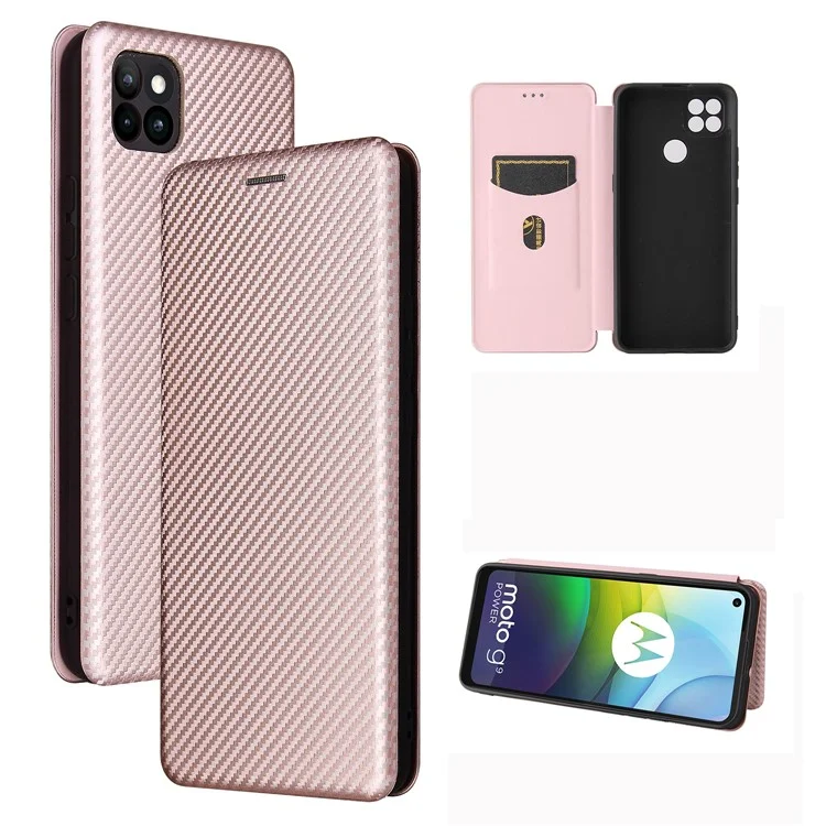 Auto-absorbed Carbon Fiber Leather Case with Card Holder for Motorola Moto G9 Power - Pink