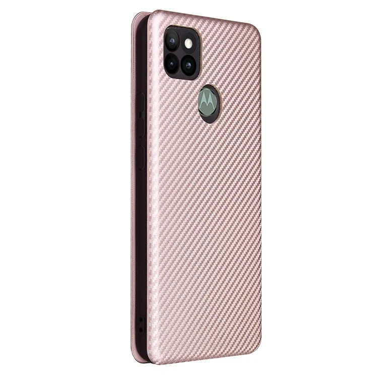 Auto-absorbed Carbon Fiber Leather Case with Card Holder for Motorola Moto G9 Power - Pink