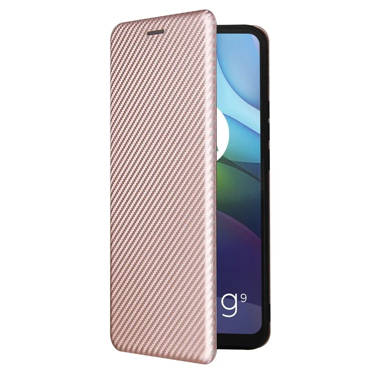 Étui en cuir carbone absorbant pour Motorola Moto G9 Power avec porte-cartes - rose