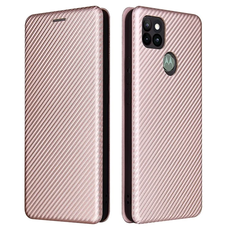 Auto-absorbed Carbon Fiber Leather Case with Card Holder for Motorola Moto G9 Power - Pink