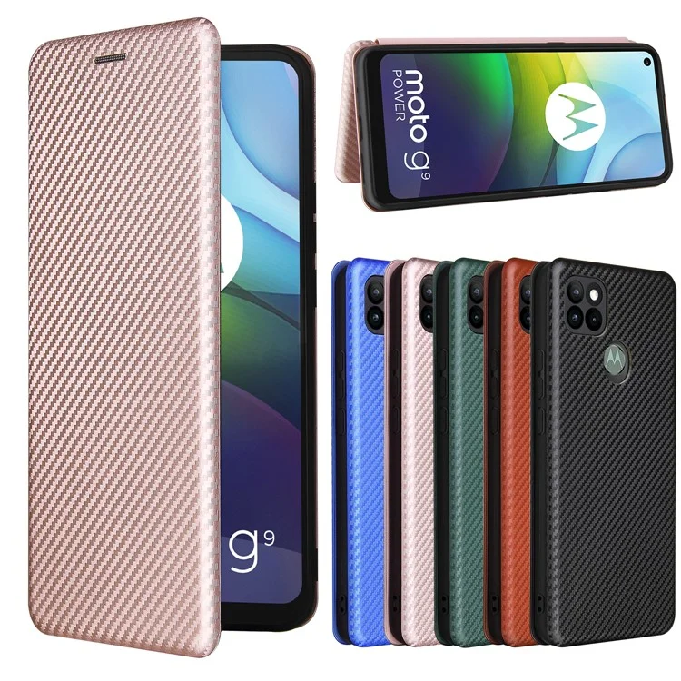 Étui en cuir carbone absorbant pour Motorola Moto G9 Power avec porte-cartes - rose