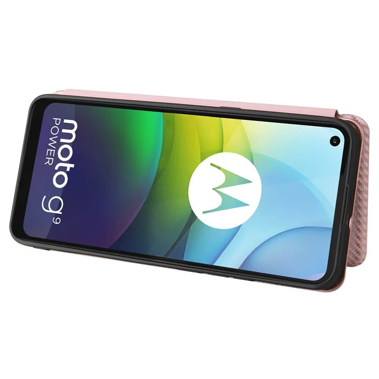 Étui en cuir carbone absorbant pour Motorola Moto G9 Power avec porte-cartes - rose