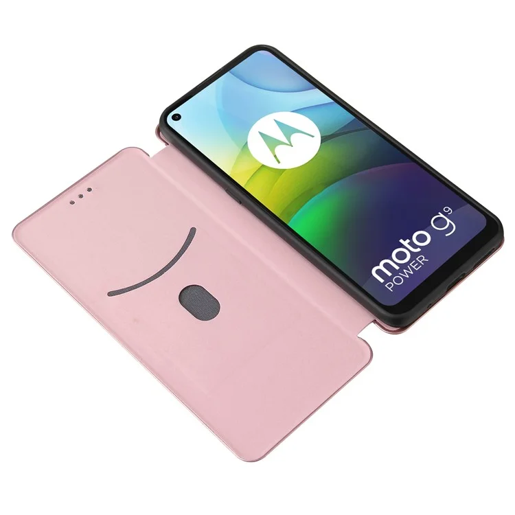 Étui en cuir carbone absorbant pour Motorola Moto G9 Power avec porte-cartes - rose