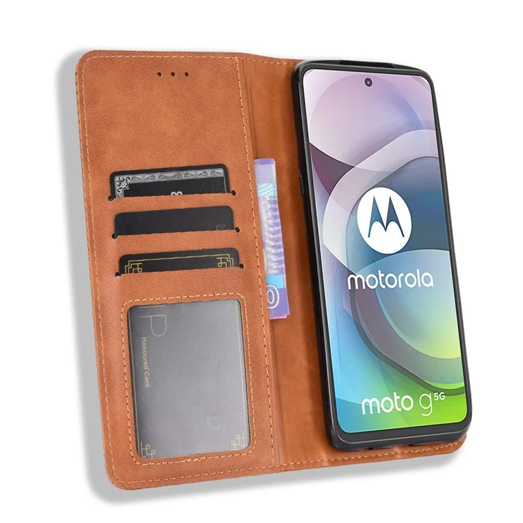 Magnetic Vintage Style Phone Case Wallet Stand Leather Cover for Motorola Moto G 5G - Brown