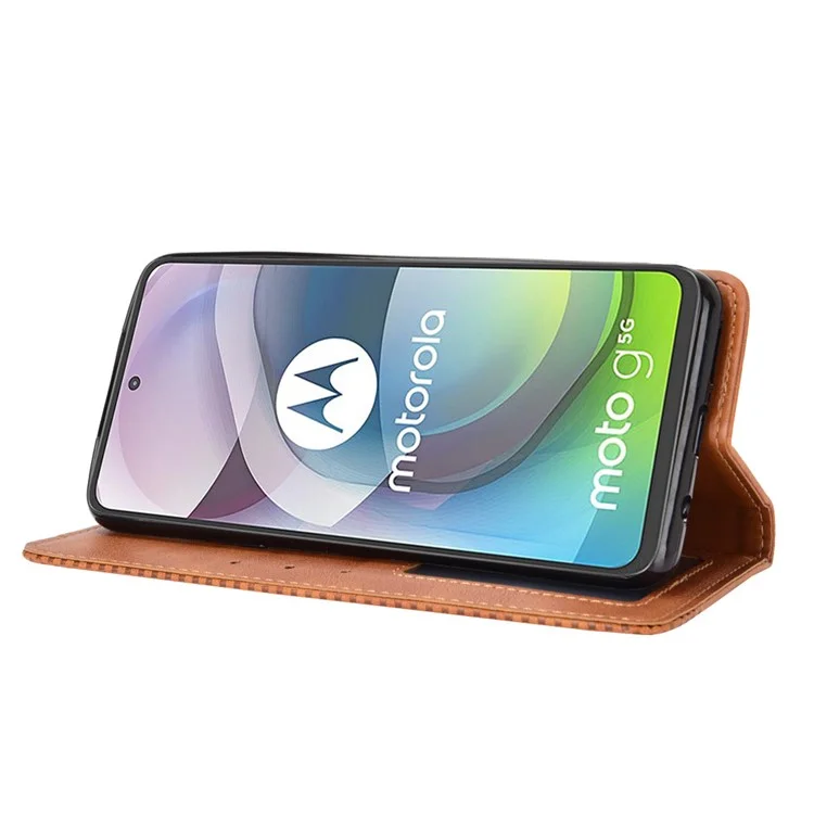 Magnetic Vintage Style Phone Case Wallet Stand Leather Cover for Motorola Moto G 5G - Brown