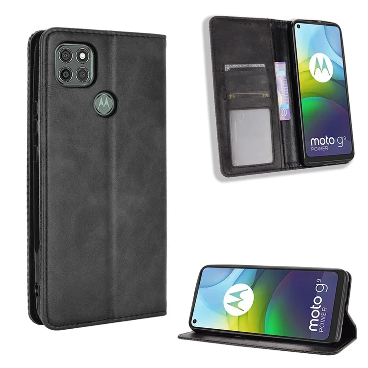 Capa de Couro Estilo Vintage Magnética para Carteira e Suporte para Motorola Moto G9 Power - Preto
