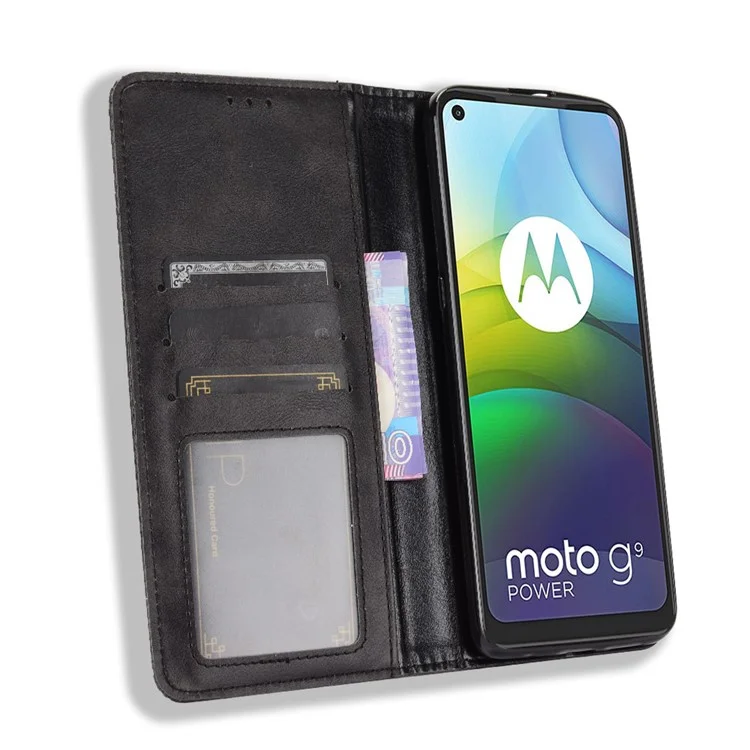Capa de Couro Estilo Vintage Magnética para Carteira e Suporte para Motorola Moto G9 Power - Preto