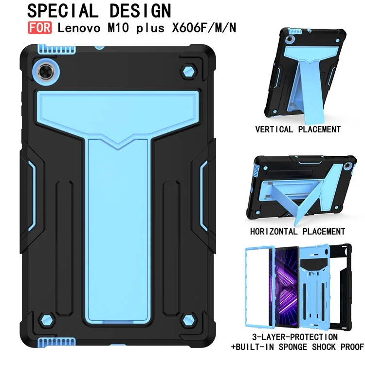 Cubierta de Tableta de Silicona de PC Para Lenovo Tab M10 Plus/TB-X606F Concha de Patada t en Forma de t Plegable - Black/Baby Blue