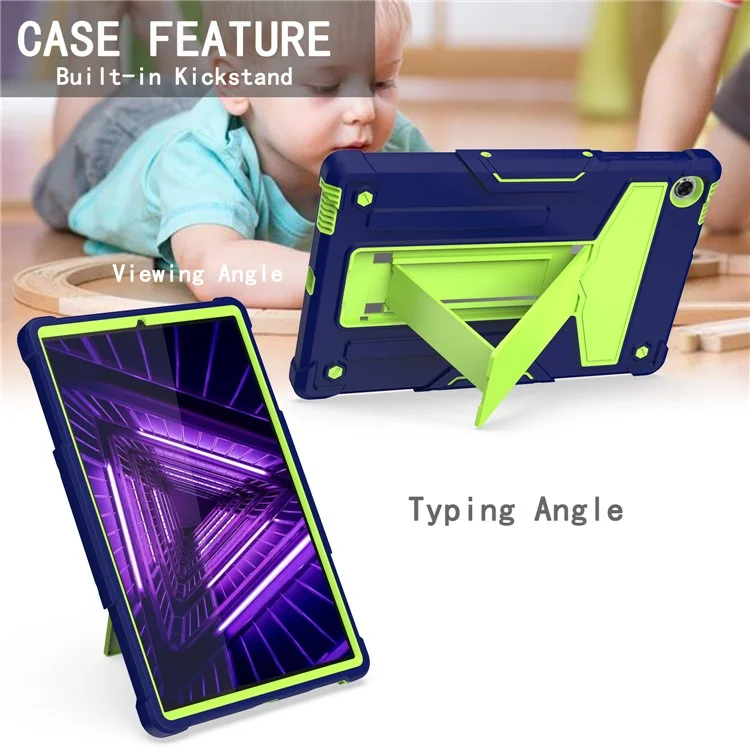 Custodia in silicone per PC per Lenovo Tab M10 Plus/TB-X606F con supporto a forma di T pieghevole - Blu scuro/Verde