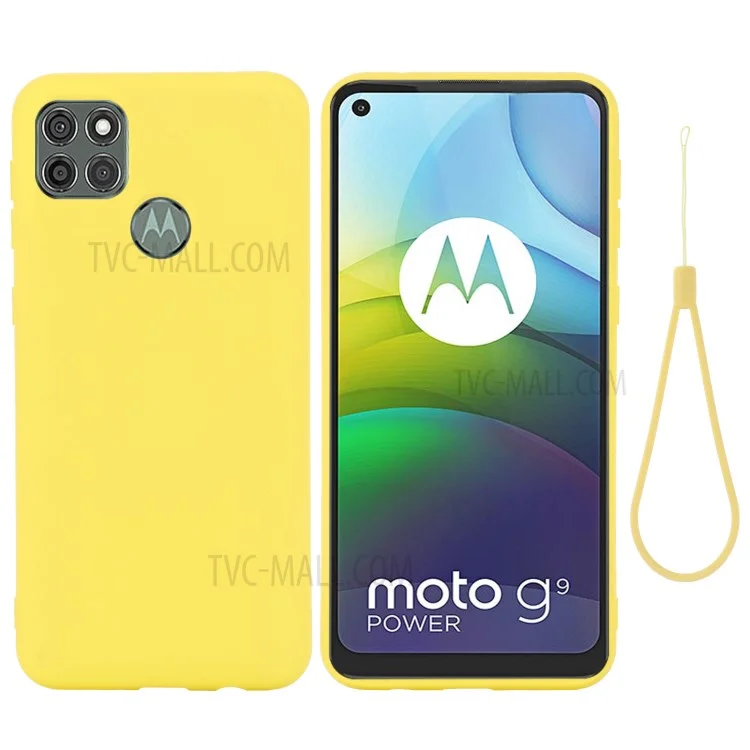 Liquid Silicone Phone Protective Case with Strap for Motorola Moto G9 Power - Yellow