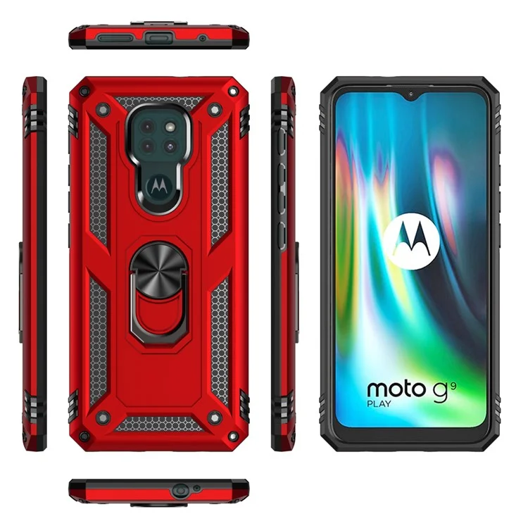 Ring Kickstand Cover for Motorola Moto G9 Play Hybrid PC + TPU Anti-drop Phone Shell - Red