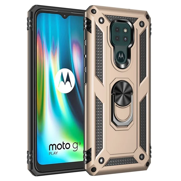 Кольцевой kickstand-чехол для Motorola Moto G9 Play Hybrid PC + TPU Anti-drop Phone Shell - Золотой