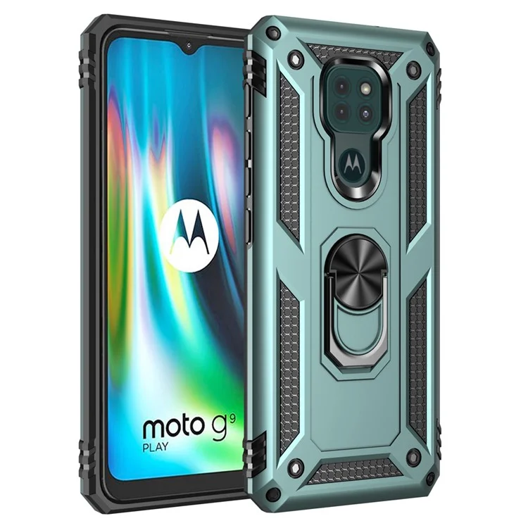 Cubierta de Soporte de Patada de Anillo Para Motorola Moto G9 Play Hybrid PC + TPU Anti-drop Telephone Shell - Verde Oscuro