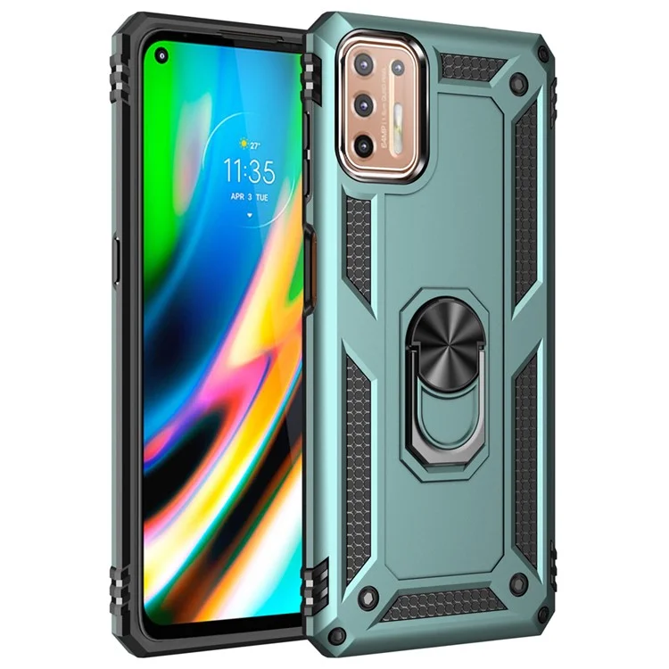 Ring Kickstand Cover for Motorola Moto G9 Plus Hybrid PC + TPU Anti-drop Protective Shell - Dark Green