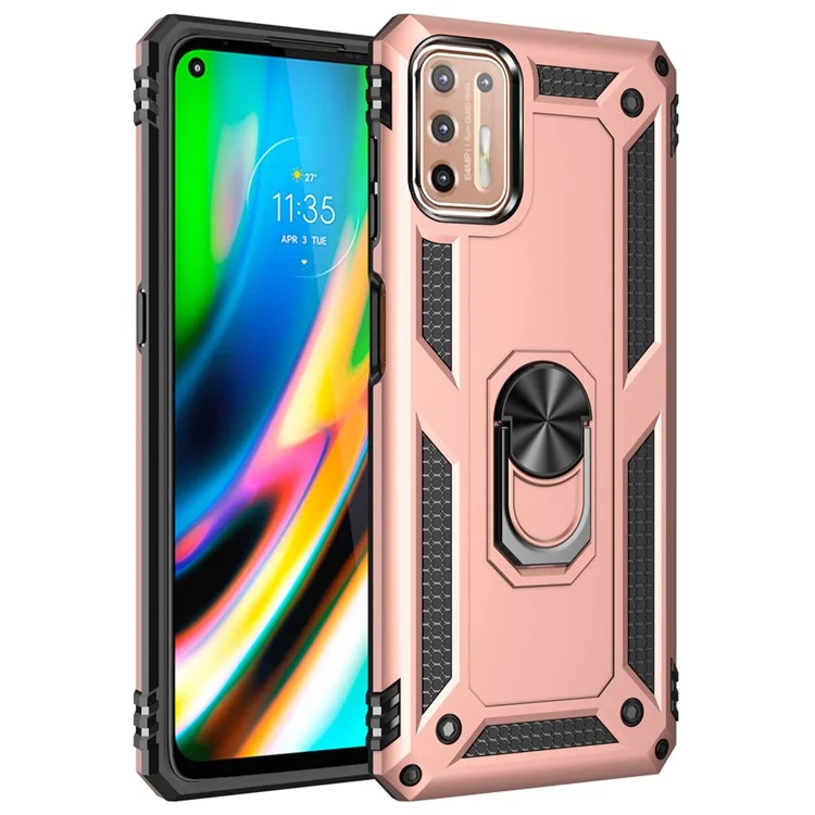 Ring Kickstand Cover for Motorola Moto G9 Plus Hybrid PC + TPU Anti-drop Protective Shell - Rose Gold