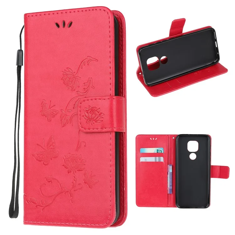 Imprint Butterfly Flowers Leather Wallet Phone Cover for Motorola Moto E7 - Red