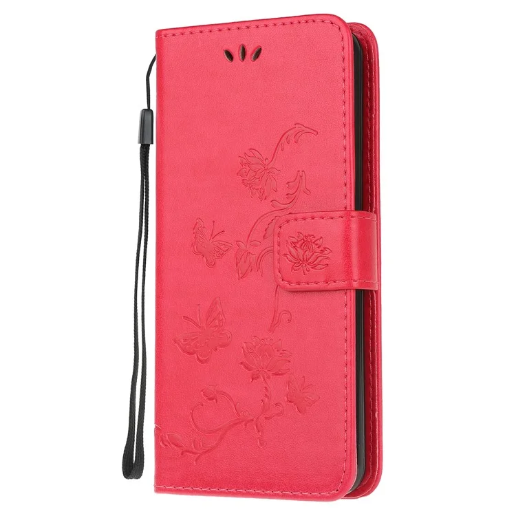 Imprint Butterfly Flowers Leather Wallet Phone Cover for Motorola Moto E7 - Red