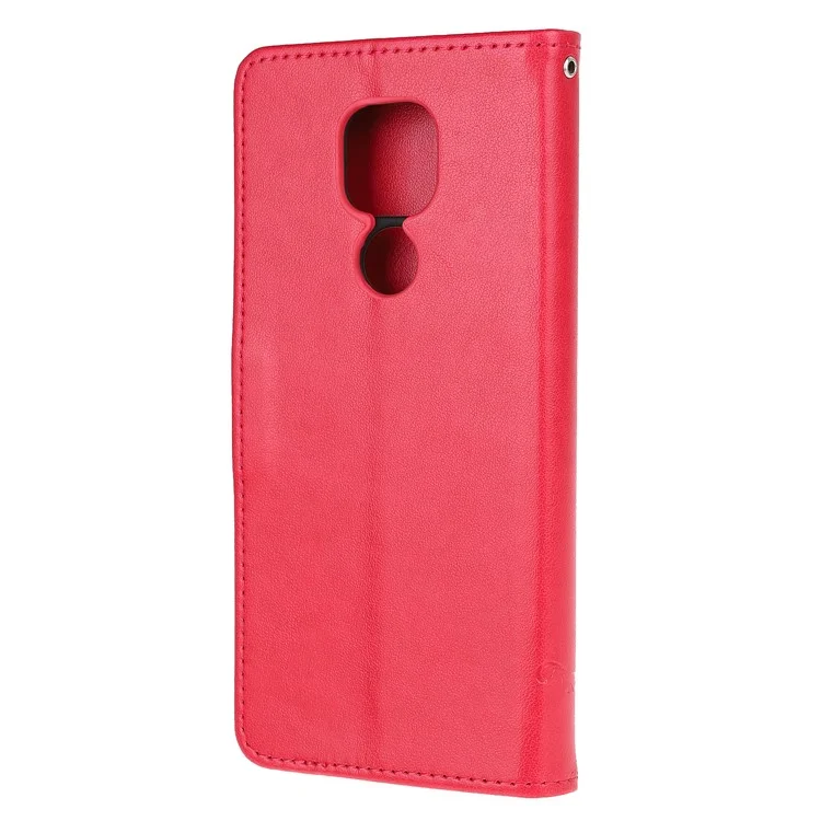 Imprint Butterfly Flowers Leather Wallet Phone Cover for Motorola Moto E7 - Red