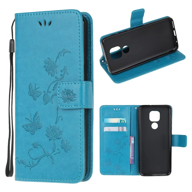 Imprint Butterfly Flowers Leather Wallet Phone Cover for Motorola Moto E7 - Blue