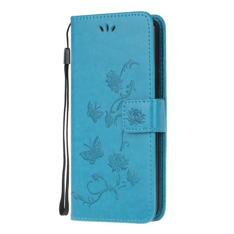 Imprint Butterfly Flowers Leather Wallet Phone Cover for Motorola Moto E7 - Blue