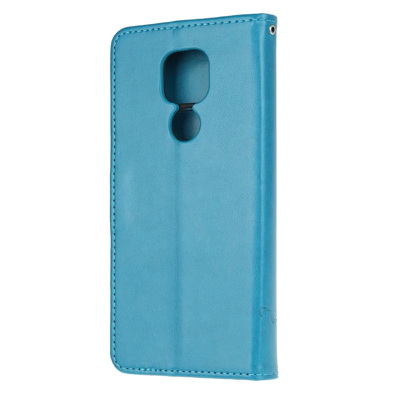 Imprint Butterfly Flowers Leather Wallet Phone Cover for Motorola Moto E7 - Blue