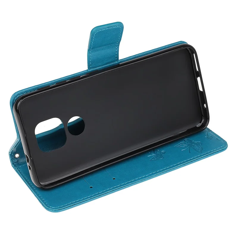 Imprint Butterfly Flowers Leather Wallet Phone Cover for Motorola Moto E7 - Blue