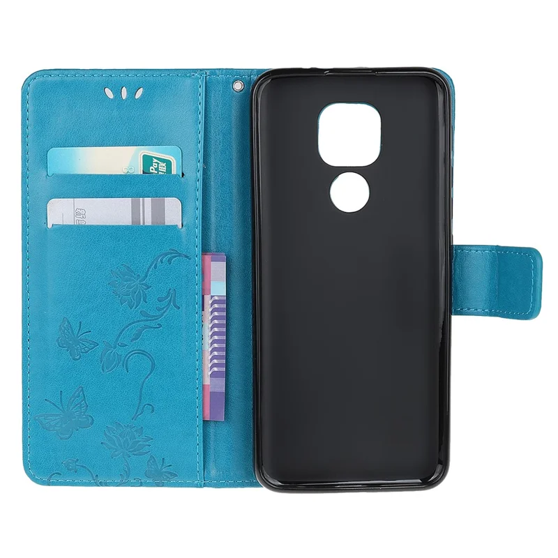 Imprint Butterfly Flowers Leather Wallet Phone Cover for Motorola Moto E7 - Blue