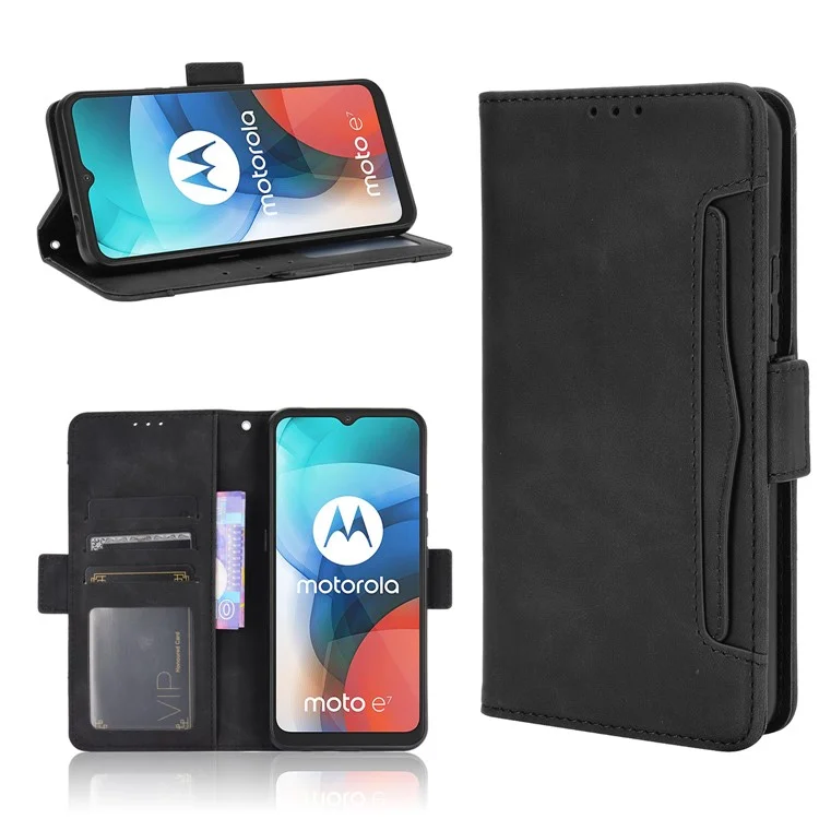 For Motorola Moto E7 Multiple Card Slots Protective Cover Stand Leather Case - Black