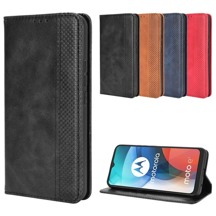 Vintage Style Wallet Stand Leather Phone Cover for Motorola Moto E7 - Black